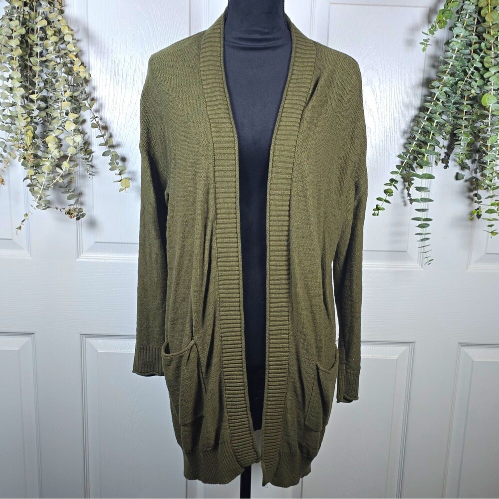 Sonoma Women's Green Knit Open Front V-Neck Cardigan Sweater Pockets L